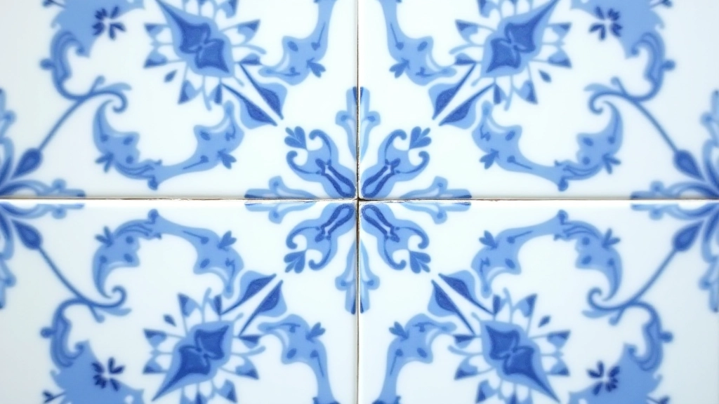 Detalhe de azulejos com padrão geométrico português tradicional em azul e branco, mostrando simetria e precisão