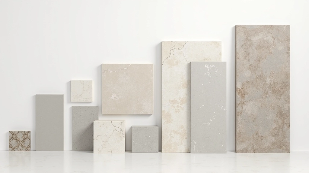 Variedade de tamanhos de azulejos dispostos em comparação, desde pequenos mosaicos até grandes formatos retangulares
