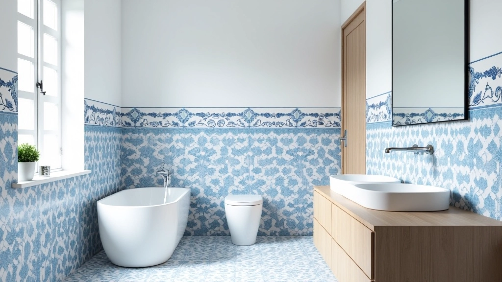 Moderna casa de banho portuguesa com azulejos tradicionais e fixtures contemporâneos