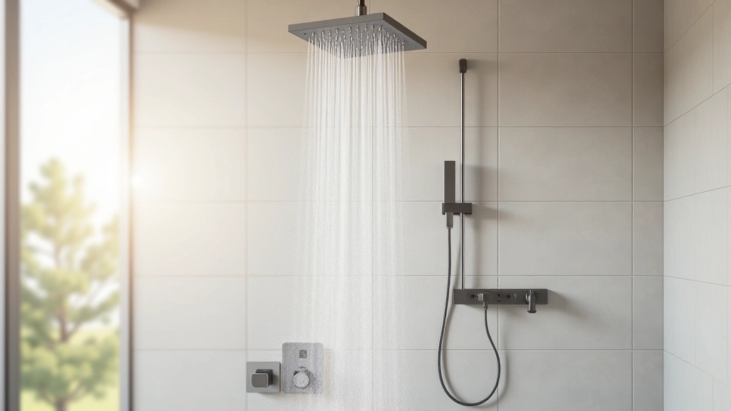 Diferentes tipos de chuveiros modernos instalados na parede, incluindo chuveiro de chuva, chuveiro de mão e painel de hidromassagem, banheiro clean