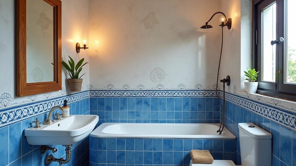 Casa de banho em estilo português com azulejos tradicionais e acabamentos modernos