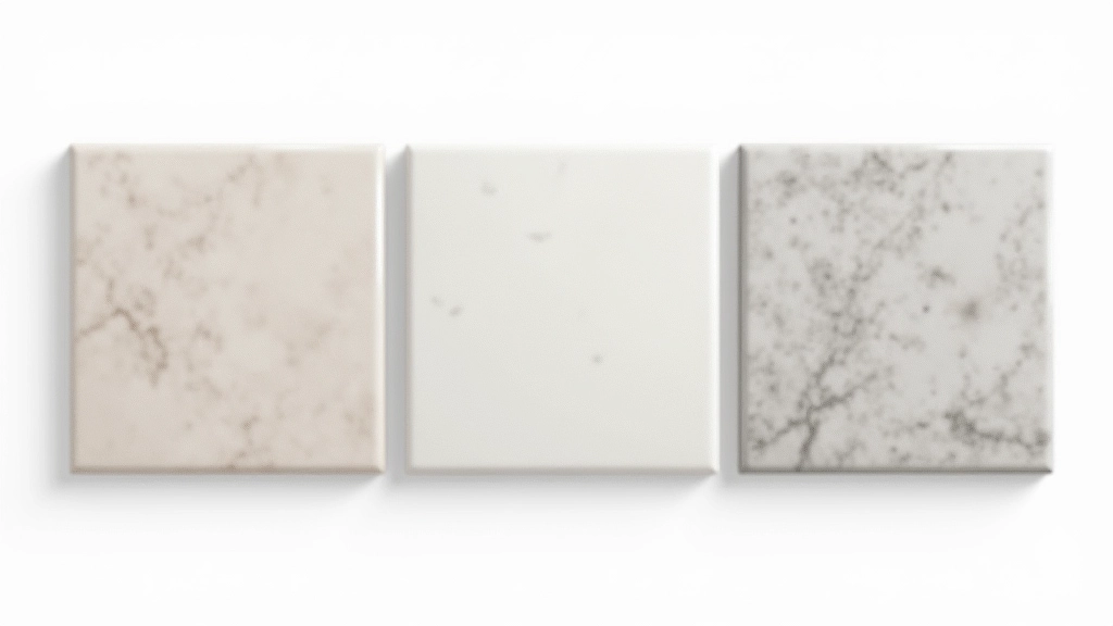 Três azulejos lado a lado mostrando acabamentos diferentes: brilhante, mate e texturizado, com iluminação que destaca suas características